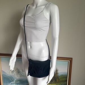 vintage mini black suede fringe crossbody bag